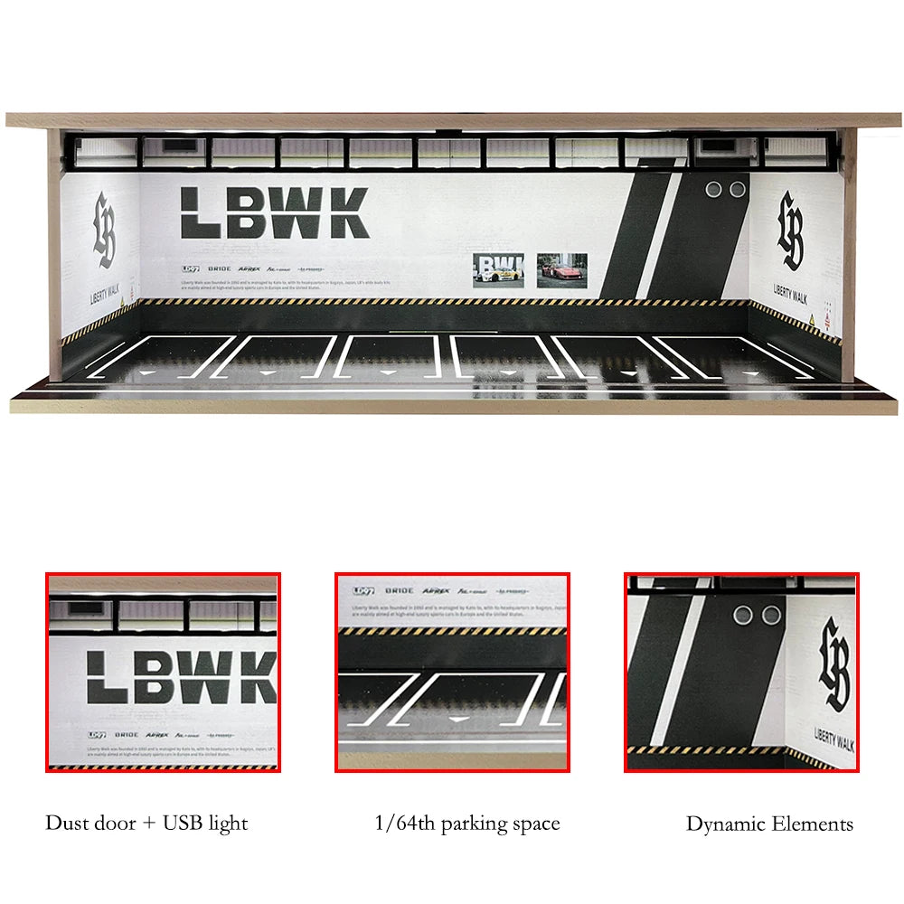 1/64 Scale Car Garage Diorama with USB LED Light Realistic Parking Lot Display Case for Model Cars & Miniature Vehicles
