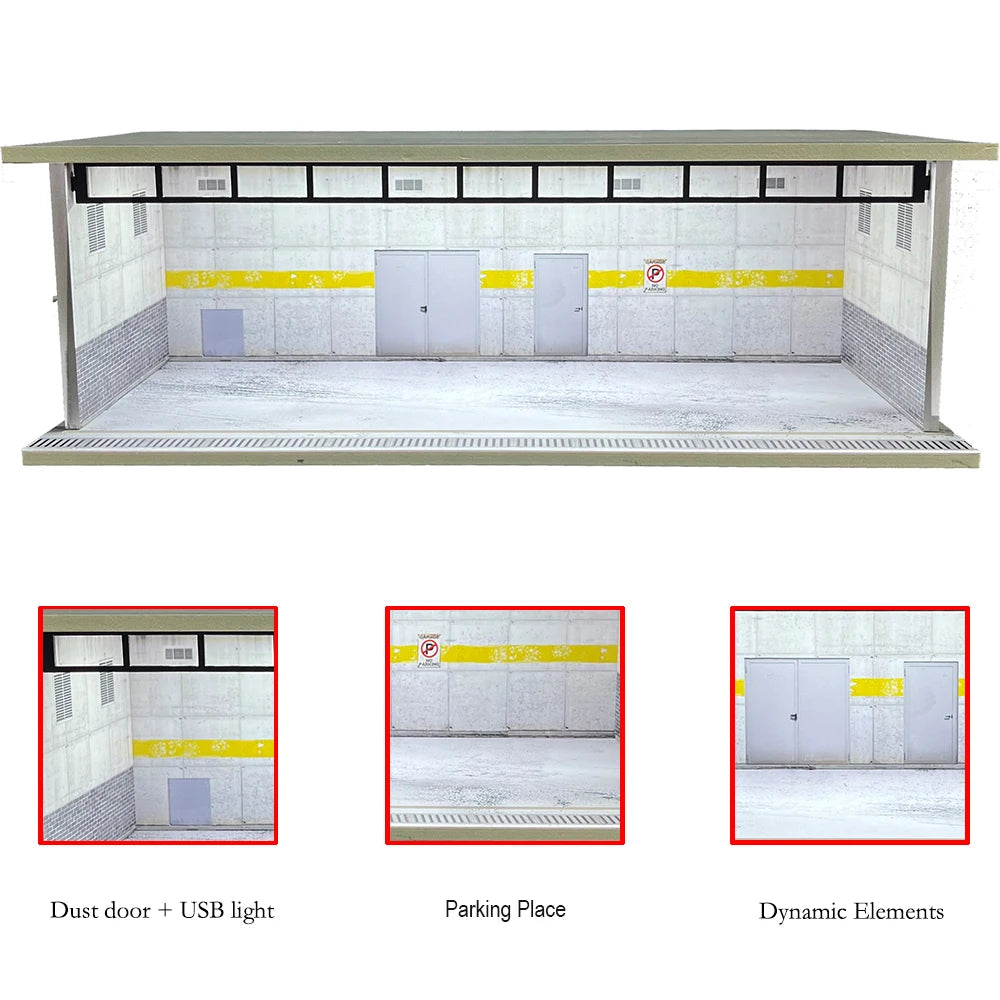 1/64 Scale Car Garage Diorama with USB LED Light Realistic Parking Lot Display Case for Model Cars & Miniature Vehicles