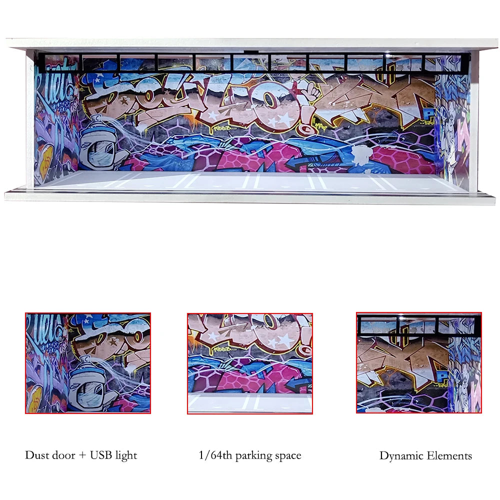 1/64 Scale Car Garage Diorama with USB LED Light Realistic Parking Lot Display Case for Model Cars & Miniature Vehicles