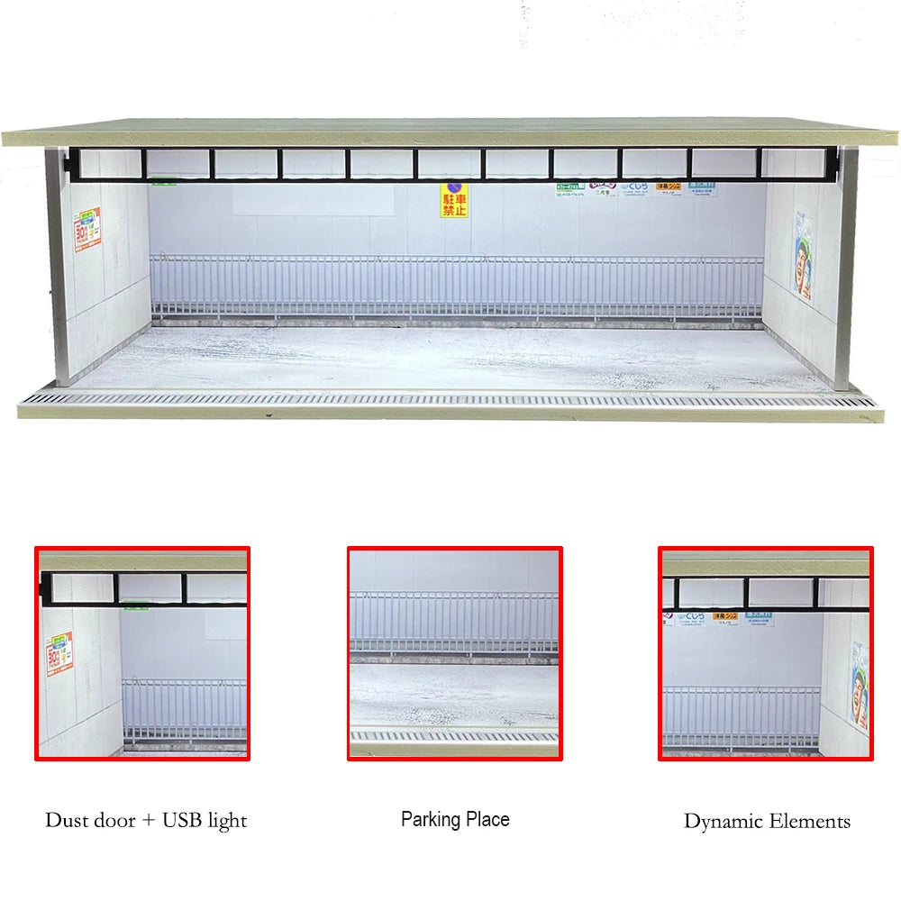 1/64 Scale Car Garage Diorama with USB LED Light Realistic Parking Lot Display Case for Model Cars & Miniature Vehicles