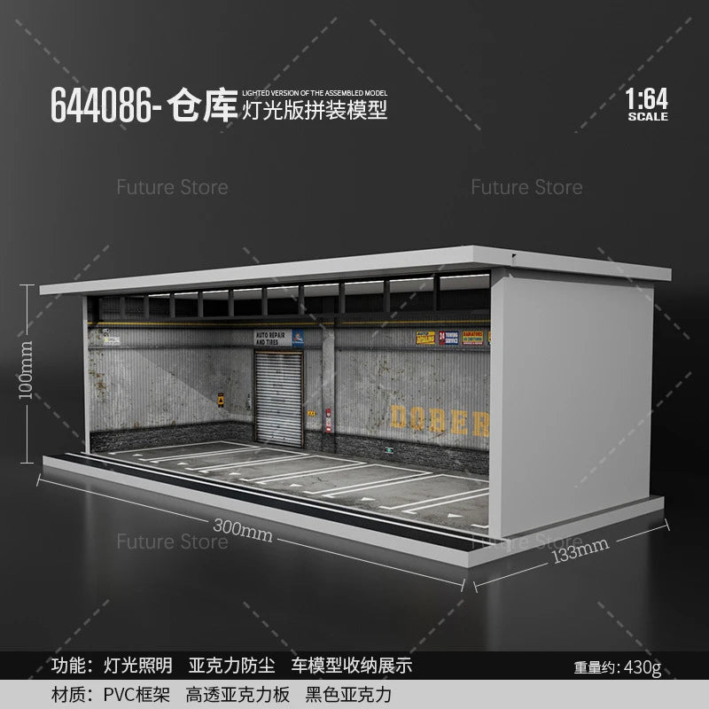 1/64 Scale Diorama Car Garage Model LED Lighting Car Parking Display Cabinet Scene Model Toy Collection Gifts