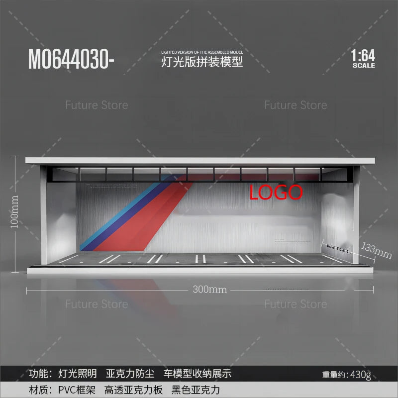 1/64 Scale Diorama Car Garage Model LED Lighting Car Parking Display Cabinet Scene Model Toy Collection Gifts