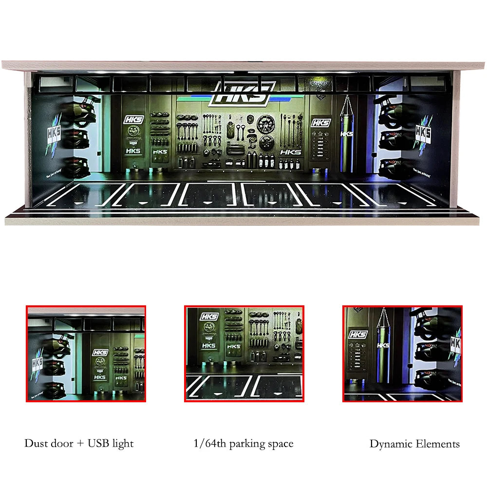 1/64 Scale Car Garage Diorama with USB LED Light Realistic Parking Lot Display Case for Model Cars & Miniature Vehicles