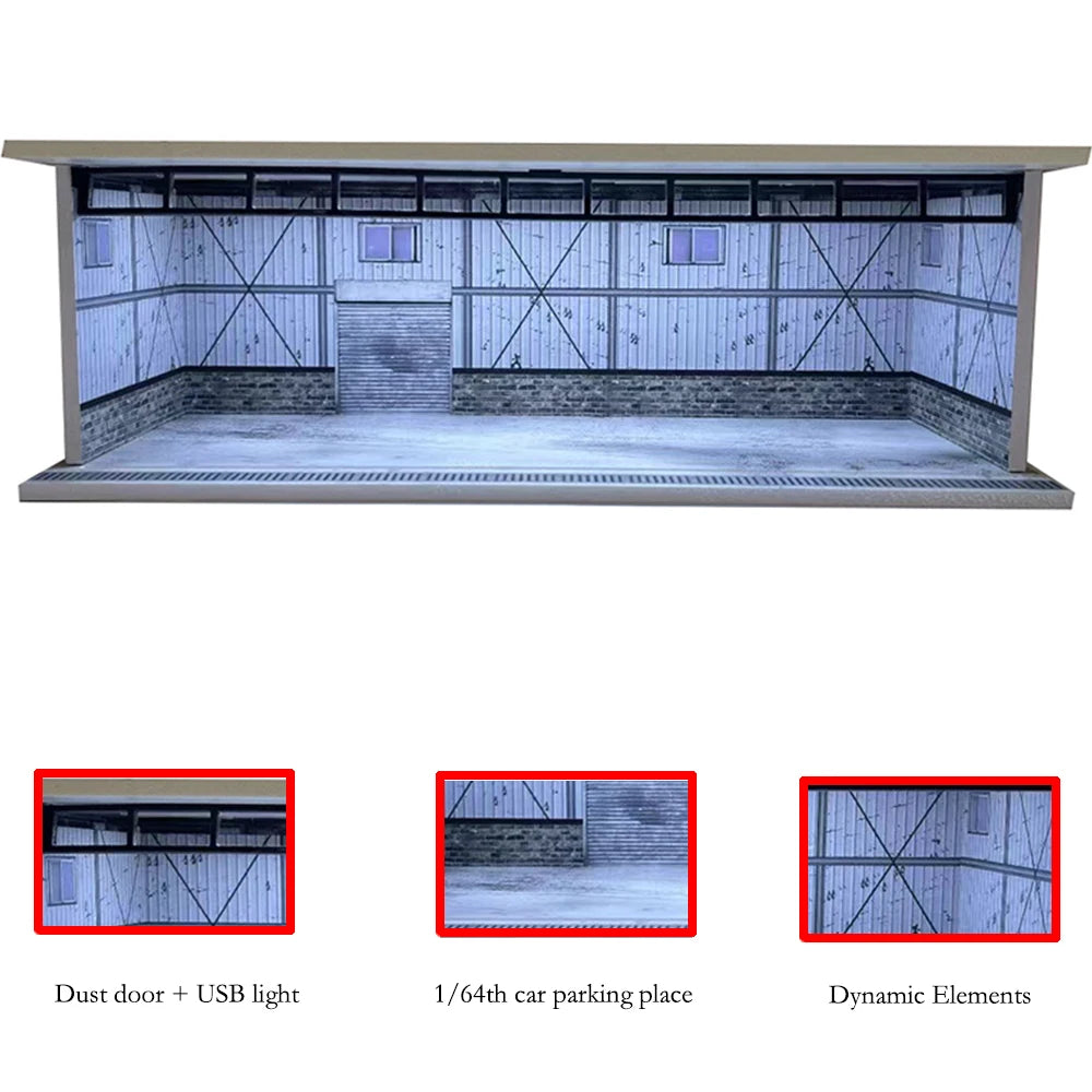 1/64 Scale Car Garage Diorama with USB LED Light Realistic Parking Lot Display Case for Model Cars & Miniature Vehicles