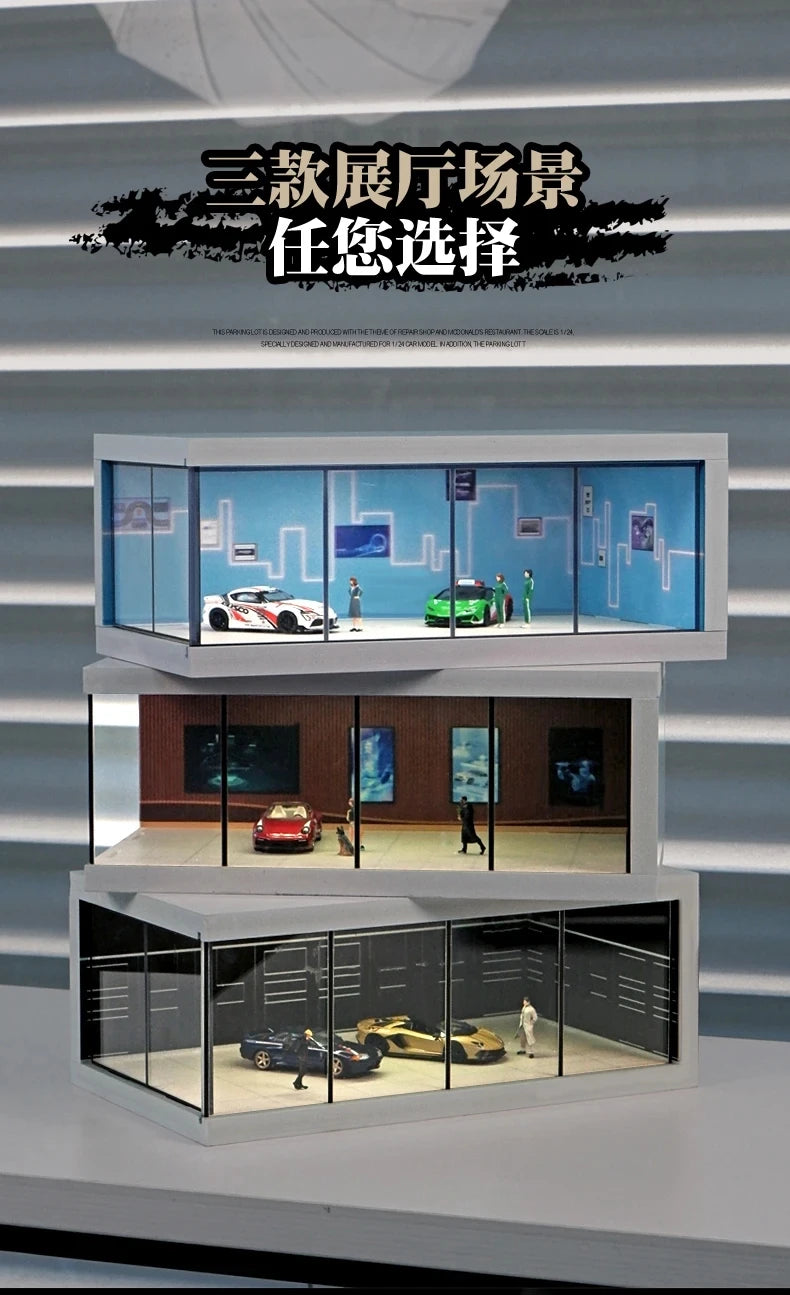 1/64 Simulate Car Showroom Exhibition Hall Garage Dioramas Mini House Display Case with Light Vehicle Toy Dust Cover Decorations