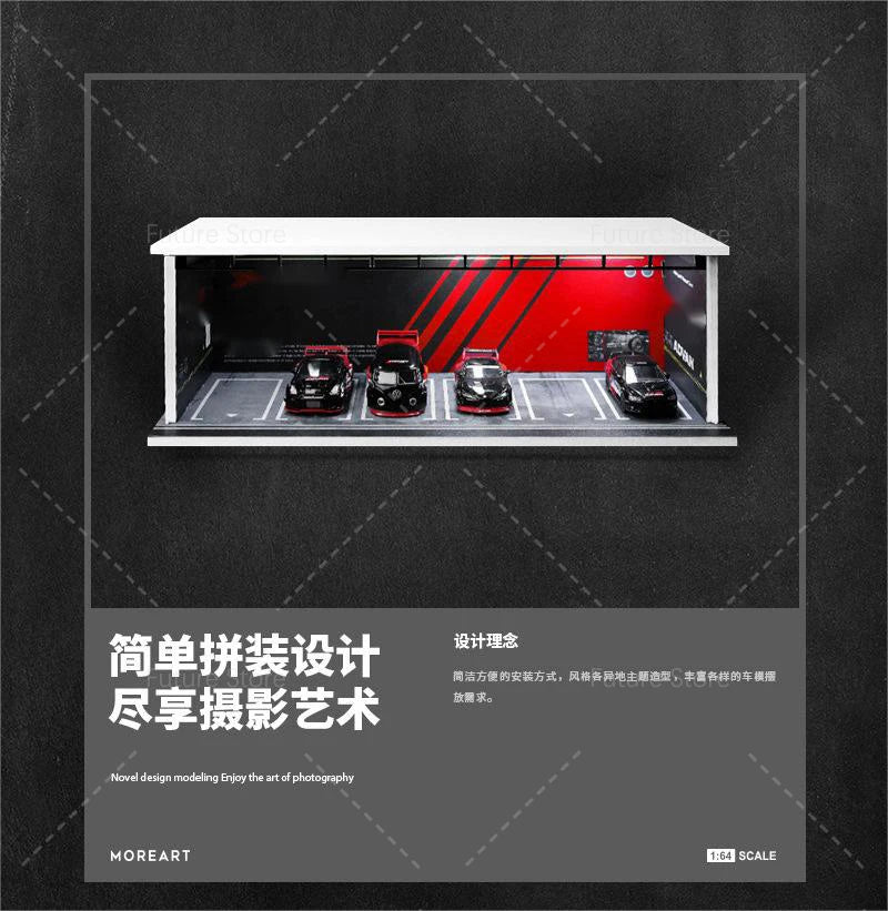 1/64 Scale Diorama Car Garage Model LED Lighting Car Parking Display Cabinet Scene Model Toy Collection Gifts