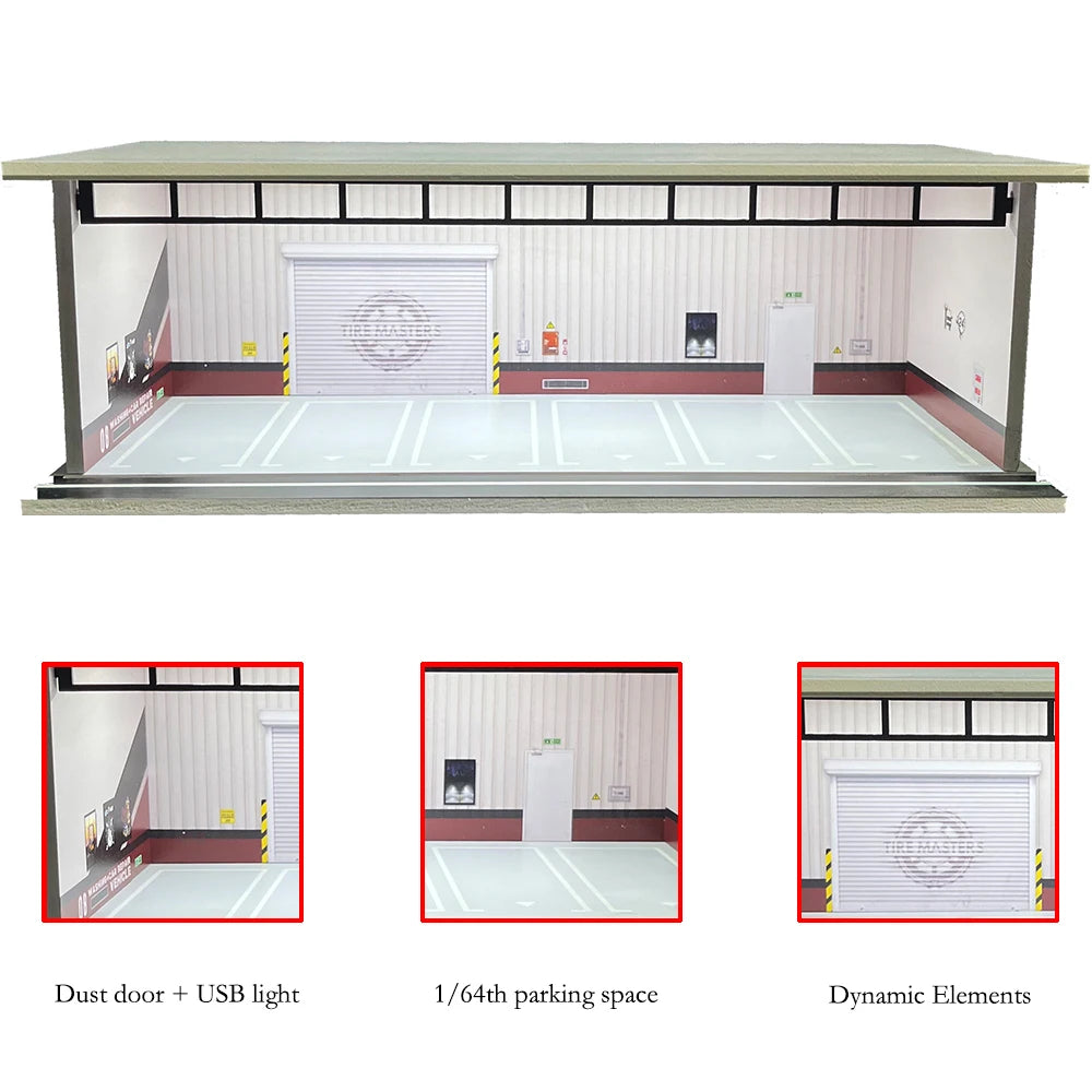 1/64 Scale Car Garage Diorama with USB LED Light Realistic Parking Lot Display Case for Model Cars & Miniature Vehicles