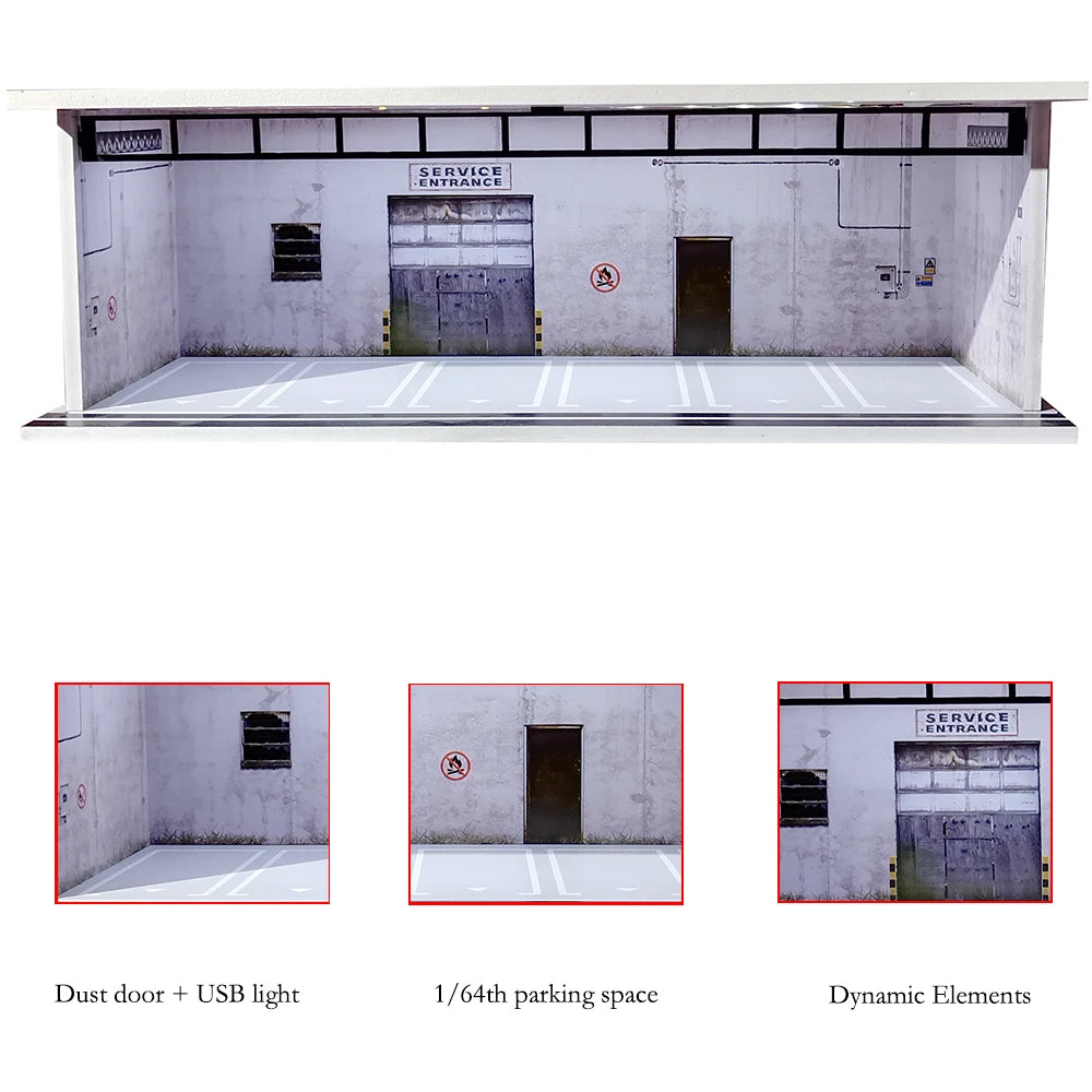 1/64 Scale Car Garage Diorama with USB LED Light Realistic Parking Lot Display Case for Model Cars & Miniature Vehicles