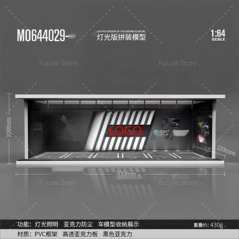 1/64 Scale Diorama Car Garage Model LED Lighting Car Parking Display Cabinet Scene Model Toy Collection Gifts