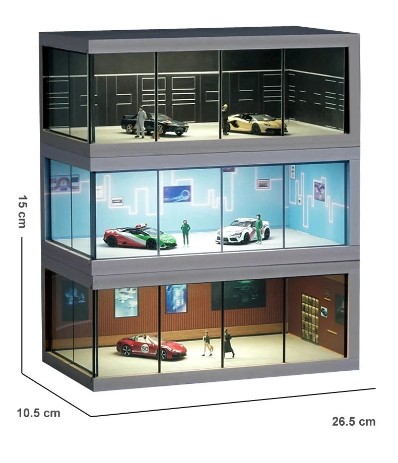 1/64 Simulate Car Showroom Exhibition Hall Garage Dioramas Mini House Display Case with Light Vehicle Toy Dust Cover Decorations
