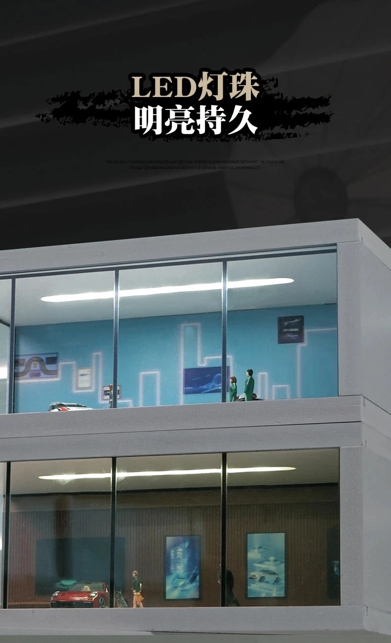 1/64 Simulate Car Showroom Exhibition Hall Garage Dioramas Mini House Display Case with Light Vehicle Toy Dust Cover Decorations