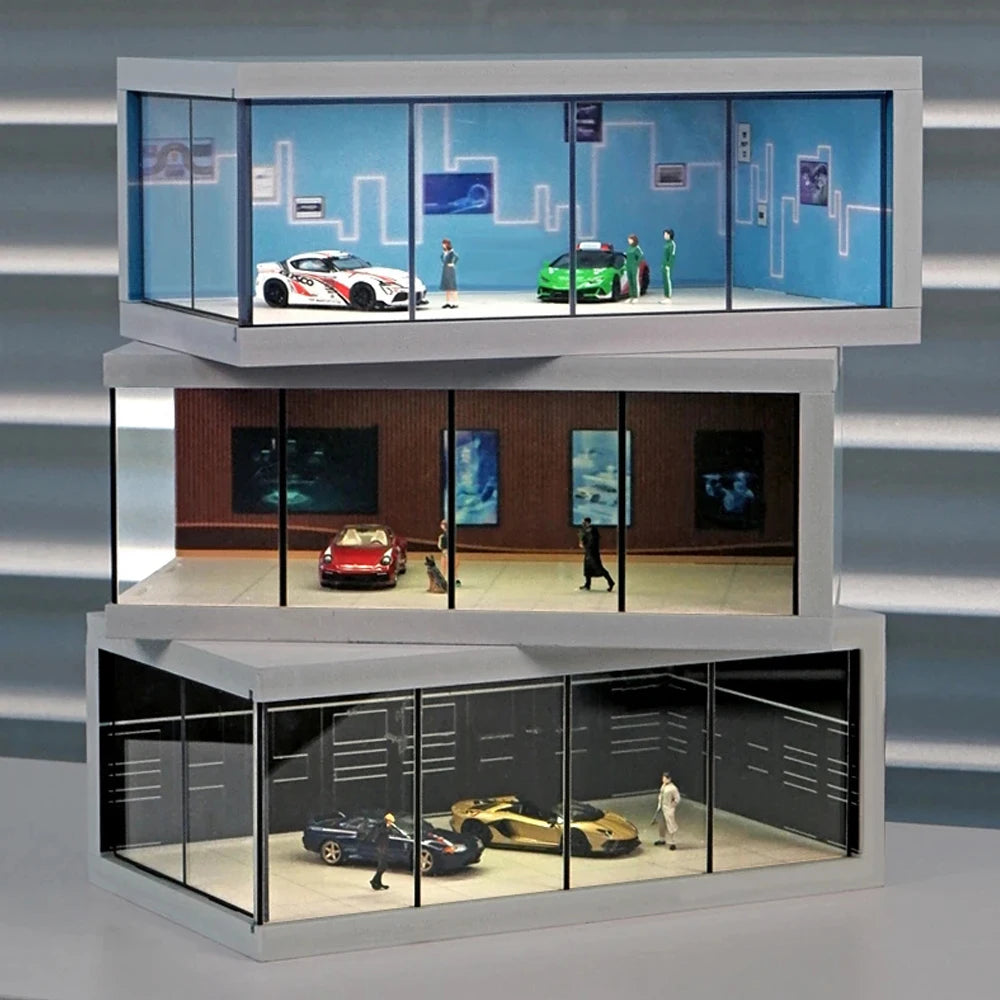 1/64 Simulate Car Showroom Exhibition Hall Garage Dioramas Mini House Display Case with Light Vehicle Toy Dust Cover Decorations