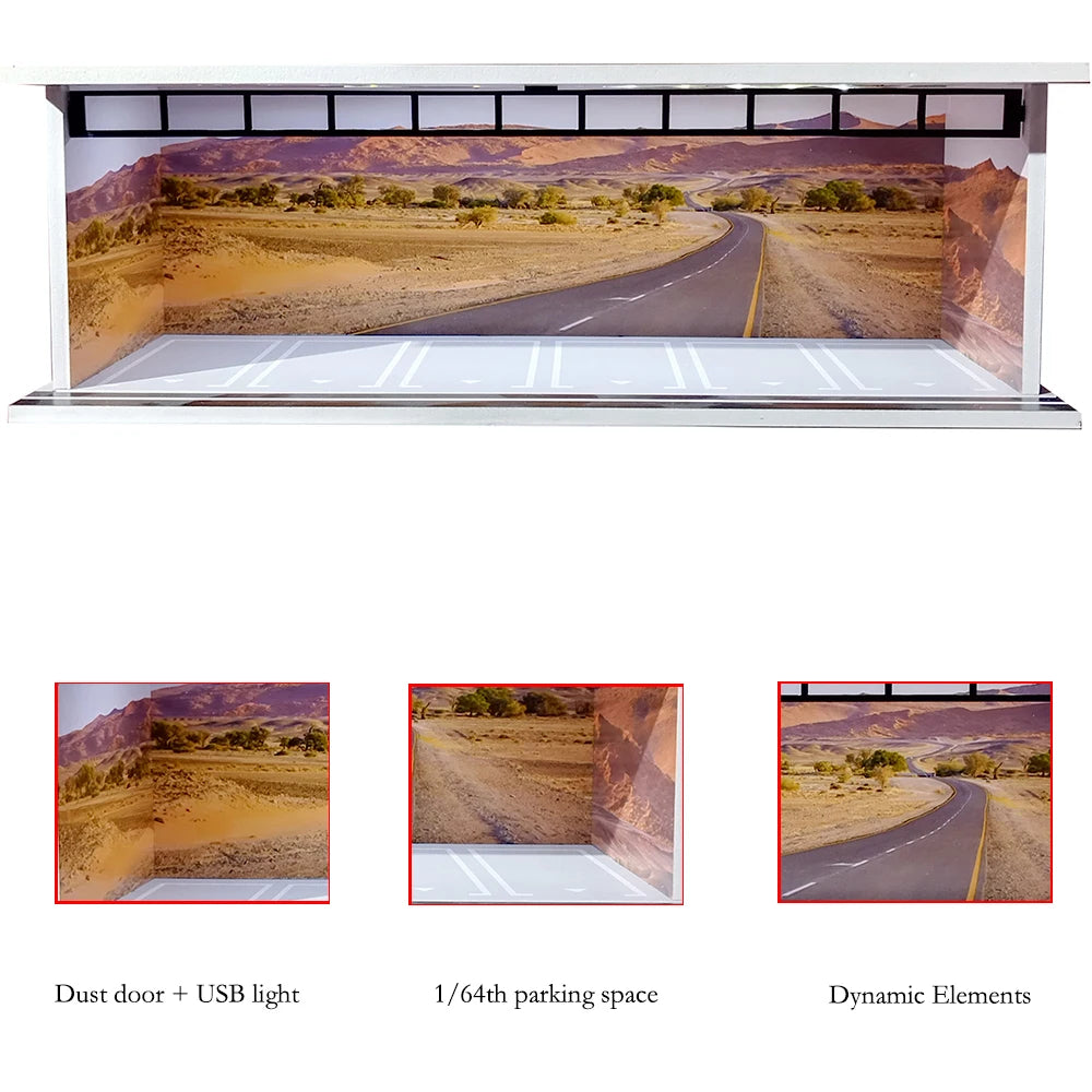 1/64 Scale Car Garage Diorama with USB LED Light Realistic Parking Lot Display Case for Model Cars & Miniature Vehicles
