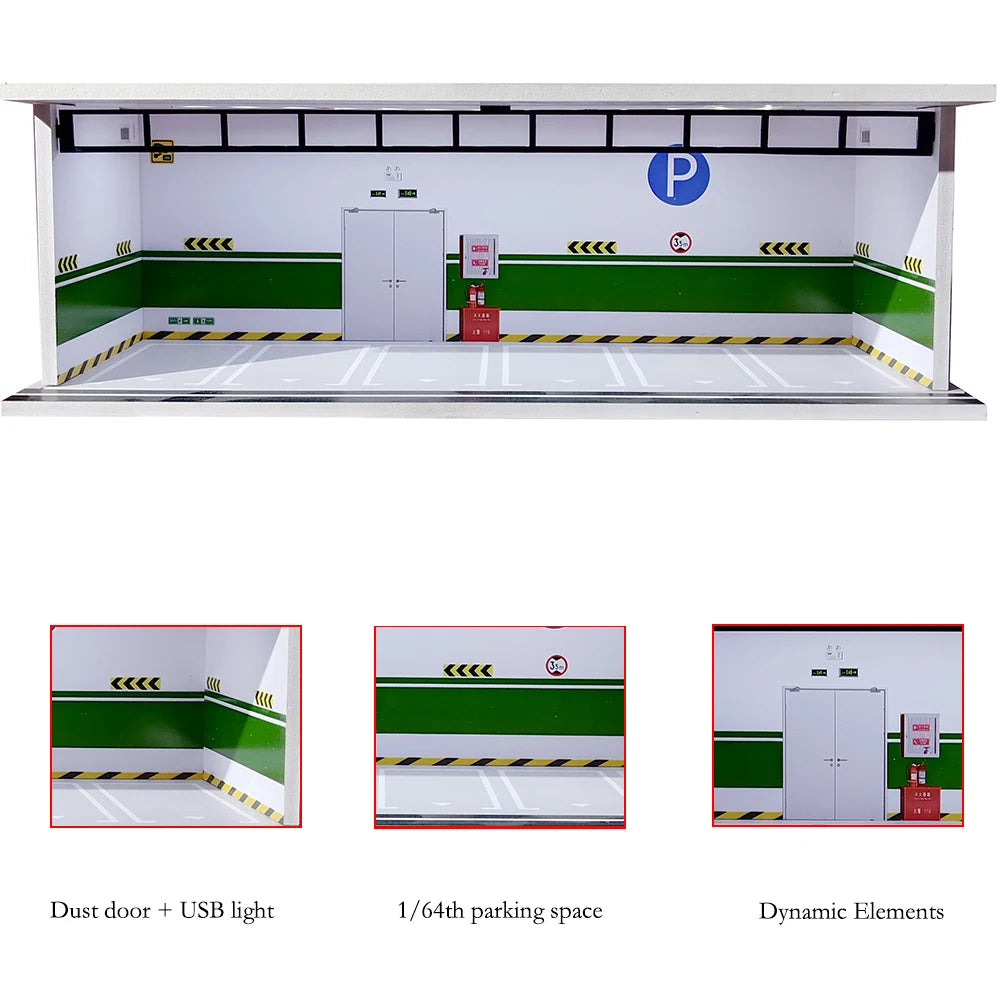 1/64 Scale Car Garage Diorama with USB LED Light Realistic Parking Lot Display Case for Model Cars & Miniature Vehicles
