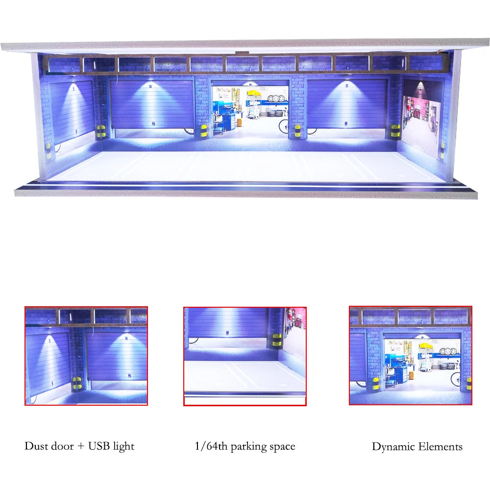 1/64 Scale Car Garage Diorama with USB LED Light Realistic Parking Lot Display Case for Model Cars & Miniature Vehicles
