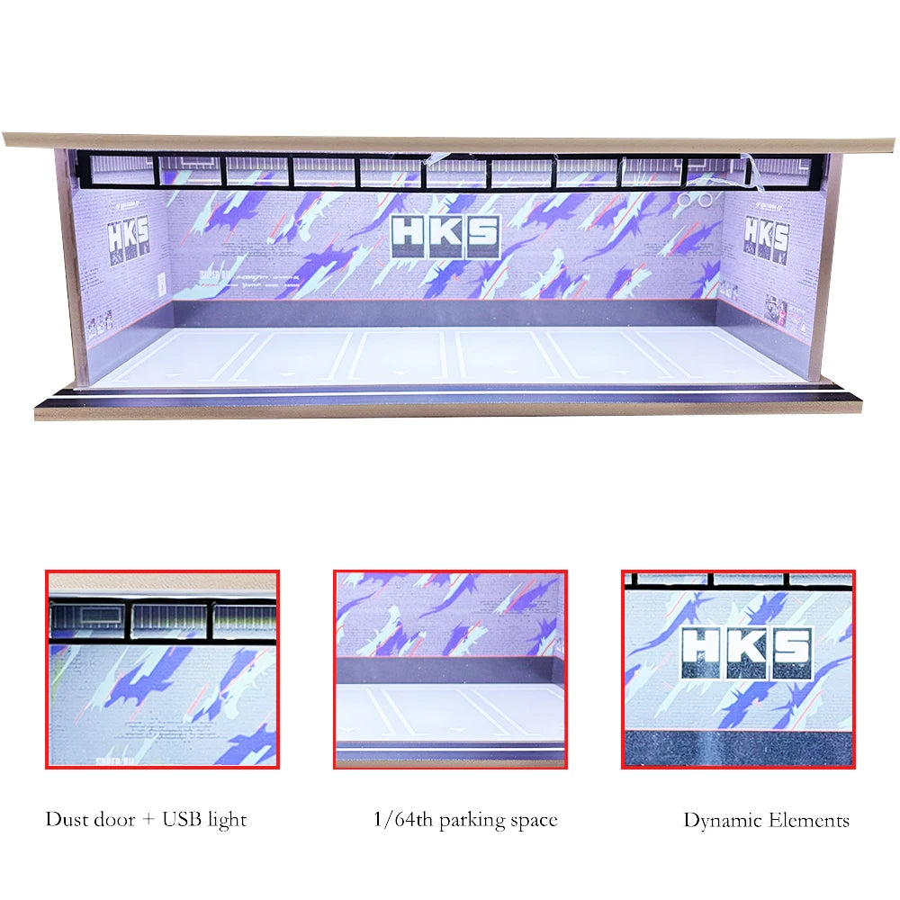 1/64 Scale Car Garage Diorama with USB LED Light Realistic Parking Lot Display Case for Model Cars & Miniature Vehicles