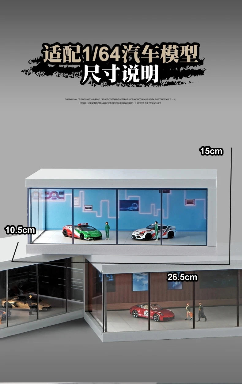 1/64 Simulate Car Showroom Exhibition Hall Garage Dioramas Mini House Display Case with Light Vehicle Toy Dust Cover Decorations