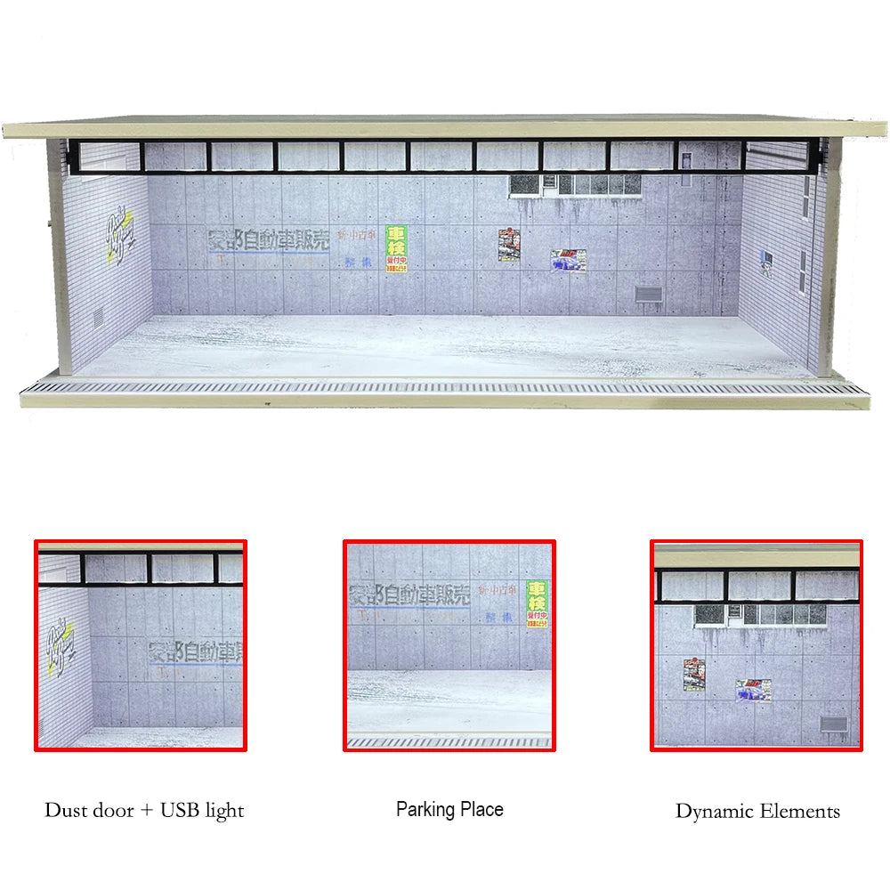 1/64 Scale Car Garage Diorama with USB LED Light Realistic Parking Lot Display Case for Model Cars & Miniature Vehicles