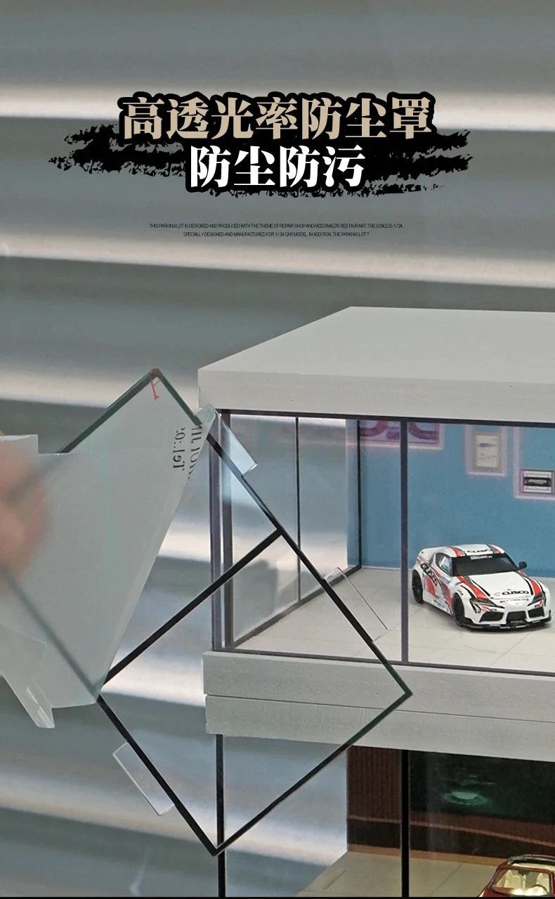 1/64 Simulate Car Showroom Exhibition Hall Garage Dioramas Mini House Display Case with Light Vehicle Toy Dust Cover Decorations