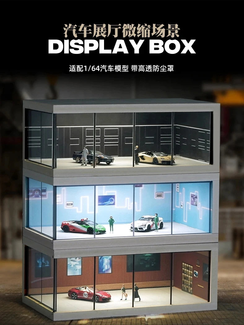 1/64 Simulate Car Showroom Exhibition Hall Garage Dioramas Mini House Display Case with Light Vehicle Toy Dust Cover Decorations