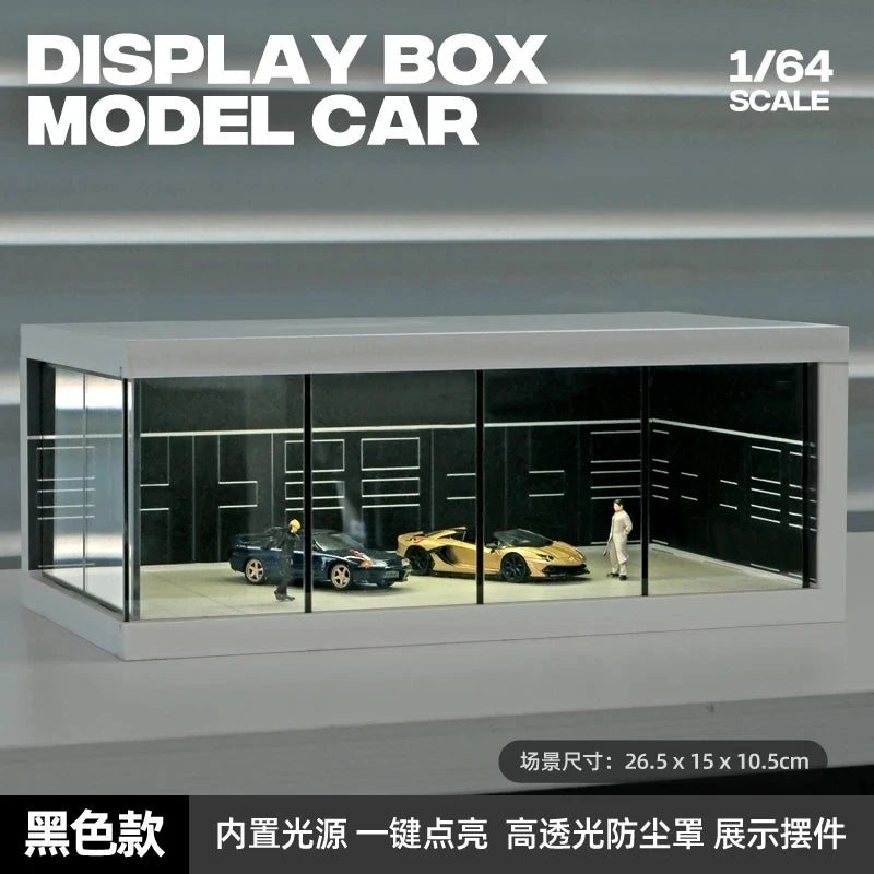 1/64 Simulate Car Showroom Exhibition Hall Garage Dioramas Mini House Display Case with Light Vehicle Toy Dust Cover Decorations