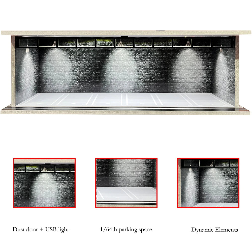1/64 Scale Car Garage Diorama with USB LED Light Realistic Parking Lot Display Case for Model Cars & Miniature Vehicles
