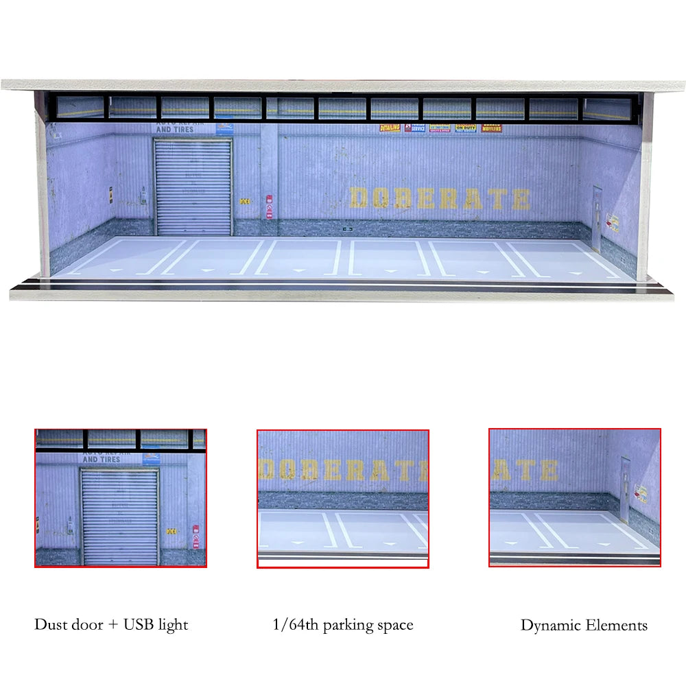 1/64 Scale Car Garage Diorama with USB LED Light Realistic Parking Lot Display Case for Model Cars & Miniature Vehicles
