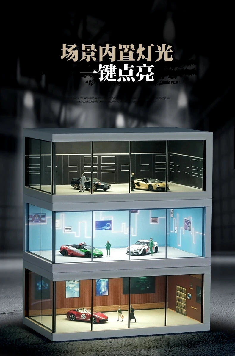 1/64 Simulate Car Showroom Exhibition Hall Garage Dioramas Mini House Display Case with Light Vehicle Toy Dust Cover Decorations