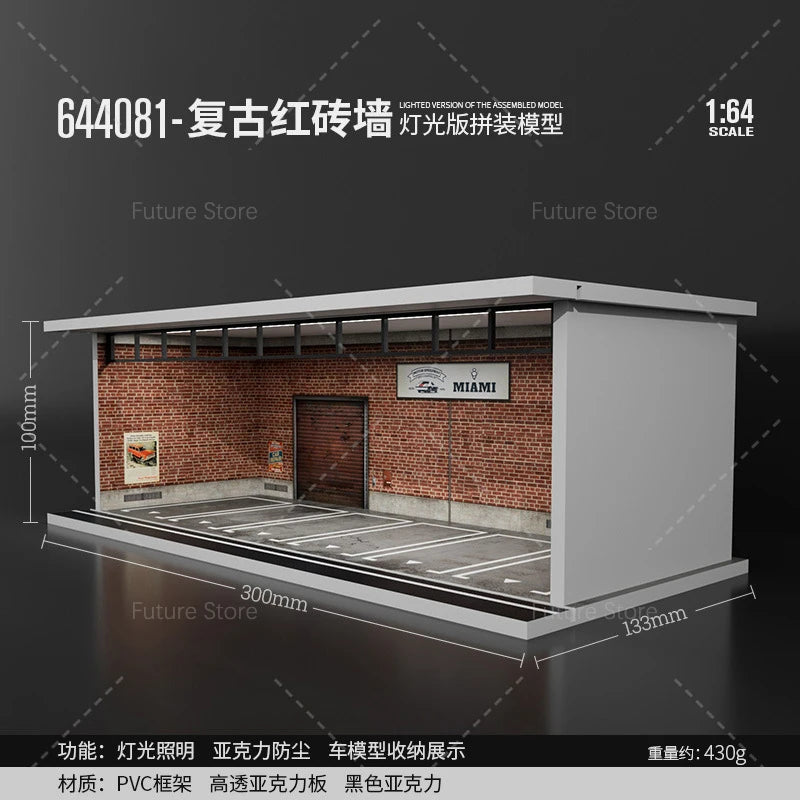 1/64 Scale Diorama Car Garage Model LED Lighting Car Parking Display Cabinet Scene Model Toy Collection Gifts
