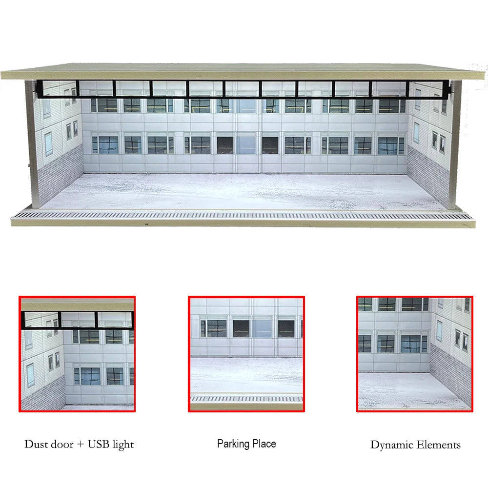 1/64 Scale Car Garage Diorama with USB LED Light Realistic Parking Lot Display Case for Model Cars & Miniature Vehicles