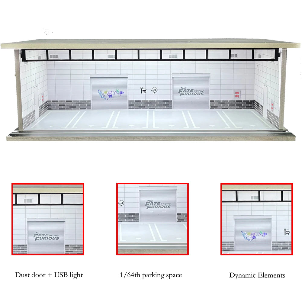 1/64 Scale Car Garage Diorama with USB LED Light Realistic Parking Lot Display Case for Model Cars & Miniature Vehicles