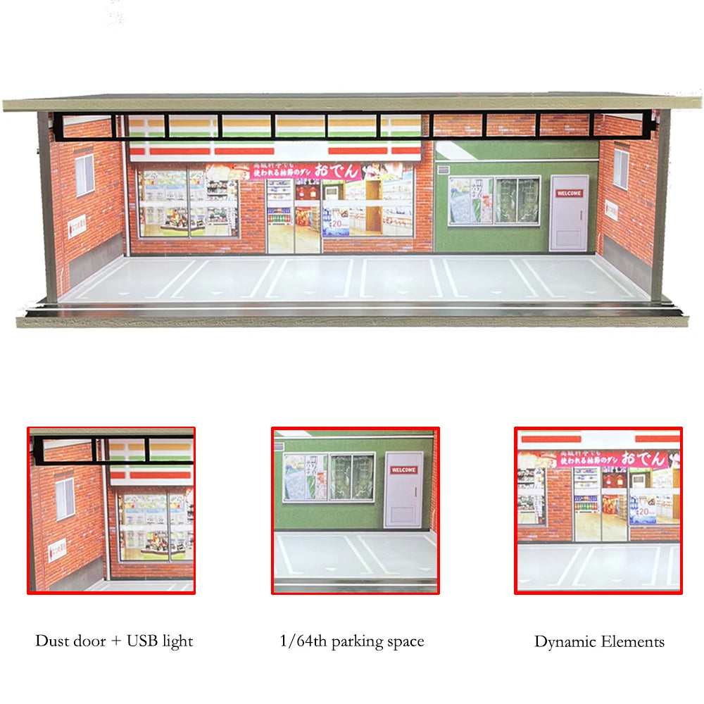 1/64 Scale Car Garage Diorama with USB LED Light Realistic Parking Lot Display Case for Model Cars & Miniature Vehicles