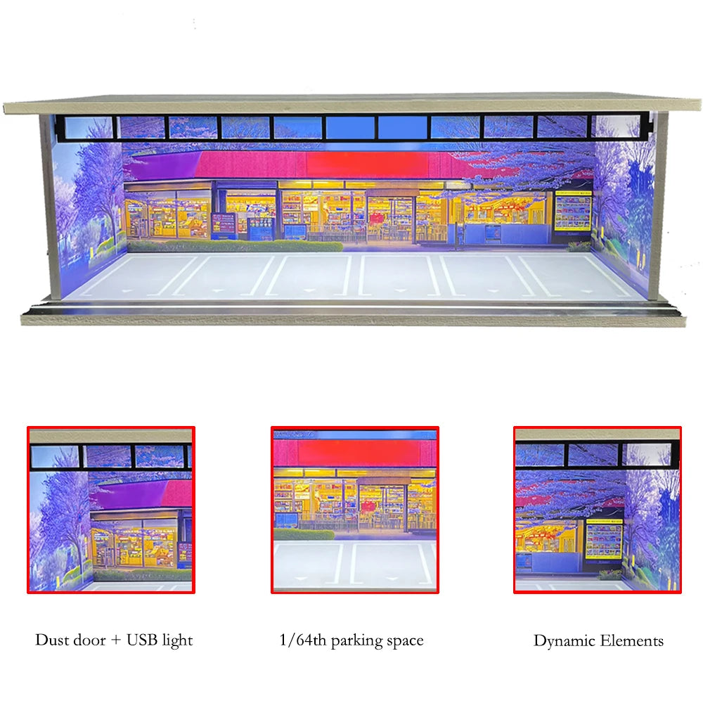 1/64 Scale Car Garage Diorama with USB LED Light Realistic Parking Lot Display Case for Model Cars & Miniature Vehicles