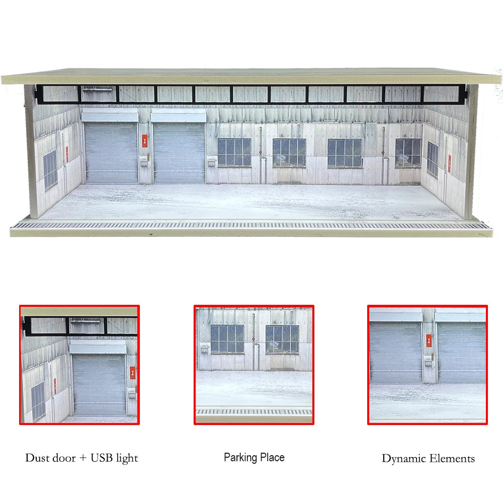 1/64 Scale Car Garage Diorama with USB LED Light Realistic Parking Lot Display Case for Model Cars & Miniature Vehicles