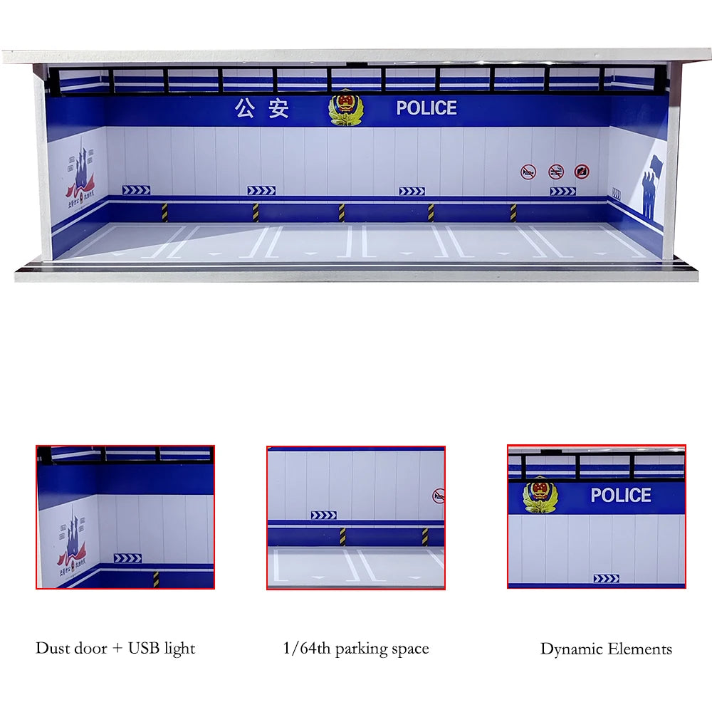 1/64 Scale Car Garage Diorama with USB LED Light Realistic Parking Lot Display Case for Model Cars & Miniature Vehicles
