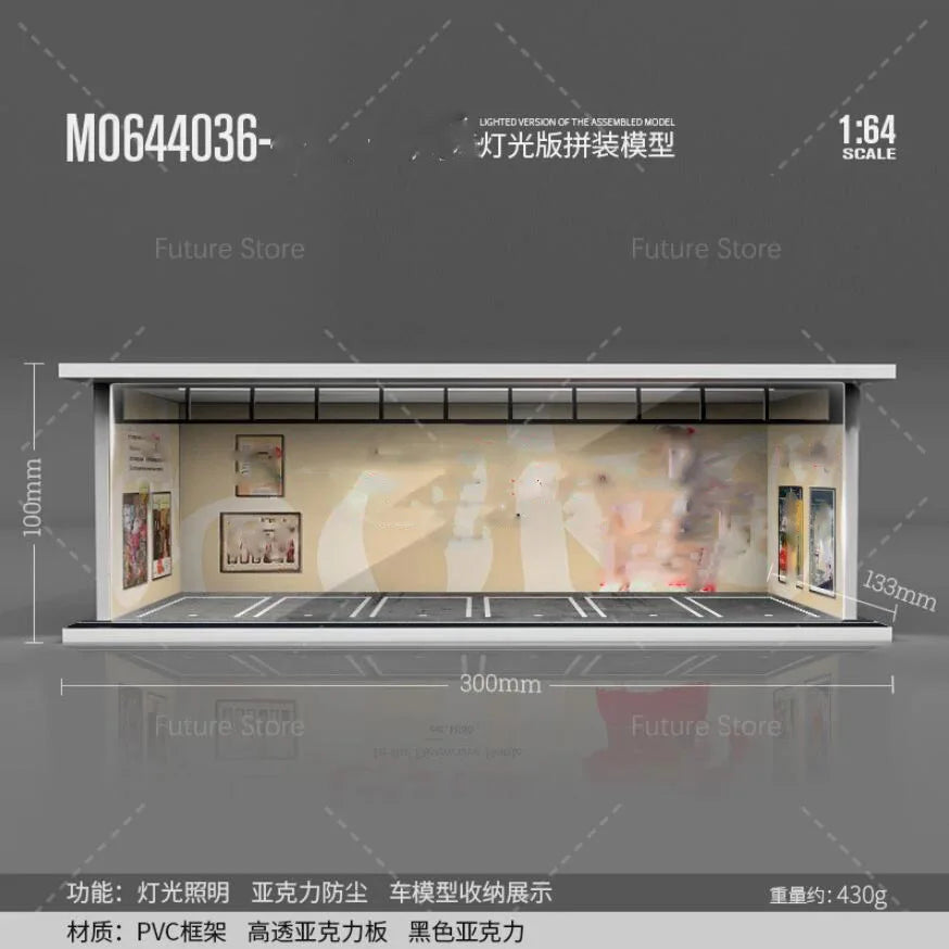 1/64 Scale Diorama Car Garage Model LED Lighting Car Parking Display Cabinet Scene Model Toy Collection Gifts
