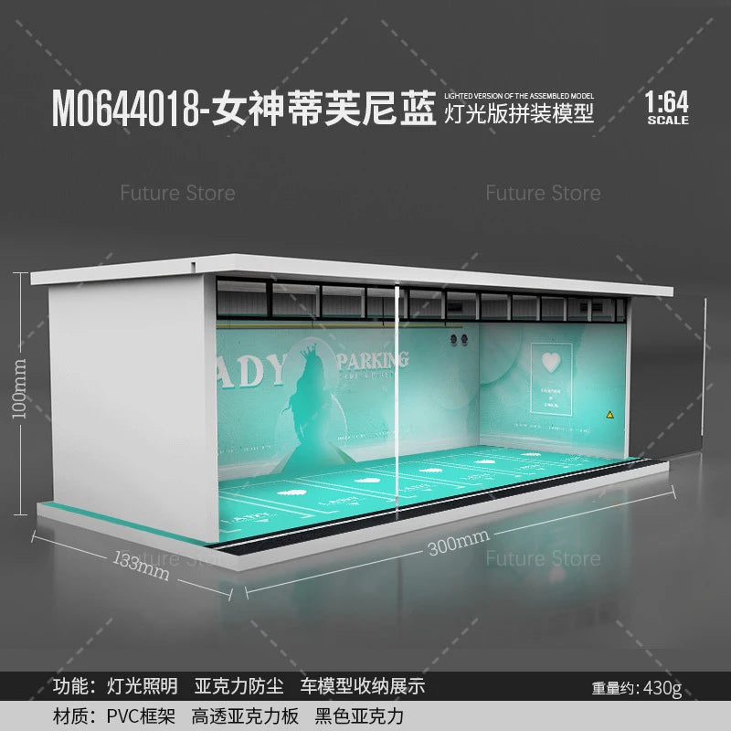 1/64 Scale Diorama Car Garage Model LED Lighting Car Parking Display Cabinet Scene Model Toy Collection Gifts