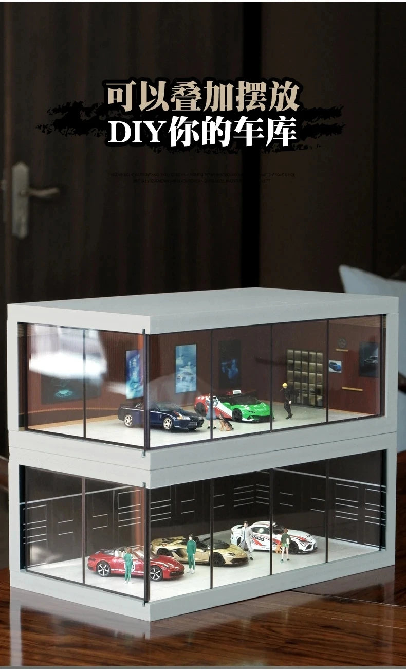 1/64 Simulate Car Showroom Exhibition Hall Garage Dioramas Mini House Display Case with Light Vehicle Toy Dust Cover Decorations