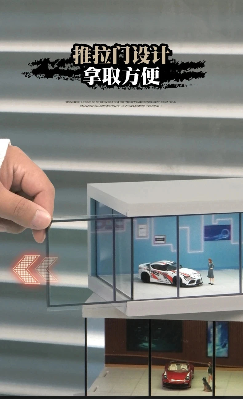 1/64 Simulate Car Showroom Exhibition Hall Garage Dioramas Mini House Display Case with Light Vehicle Toy Dust Cover Decorations