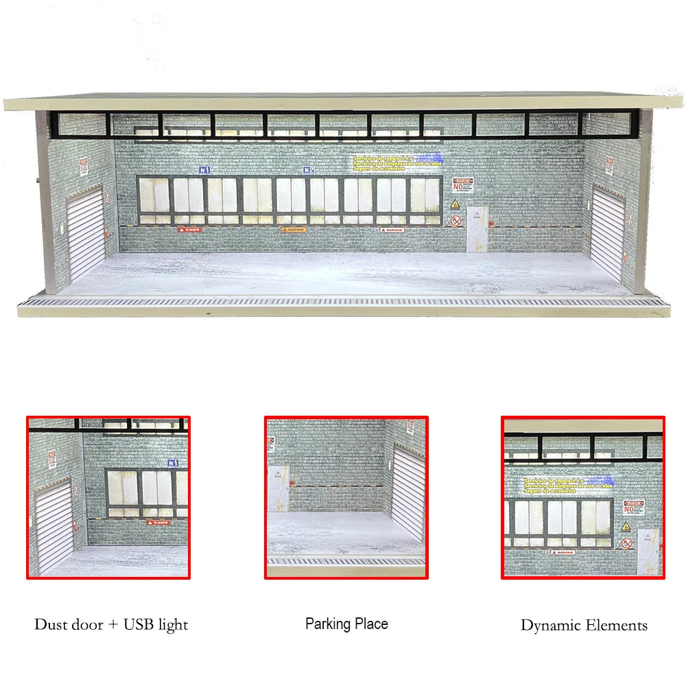 1/64 Scale Car Garage Diorama with USB LED Light Realistic Parking Lot Display Case for Model Cars & Miniature Vehicles