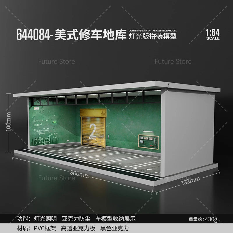1/64 Scale Diorama Car Garage Model LED Lighting Car Parking Display Cabinet Scene Model Toy Collection Gifts