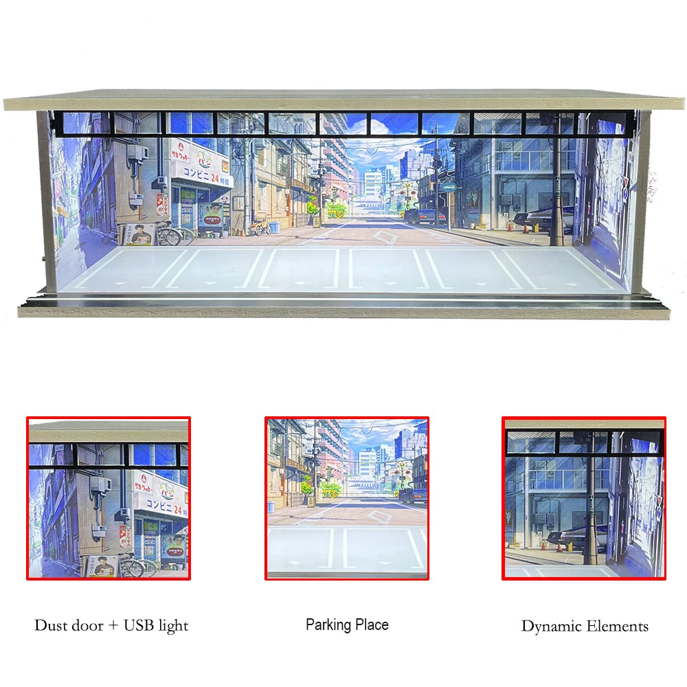 1/64 Scale Car Garage Diorama with USB LED Light Realistic Parking Lot Display Case for Model Cars & Miniature Vehicles