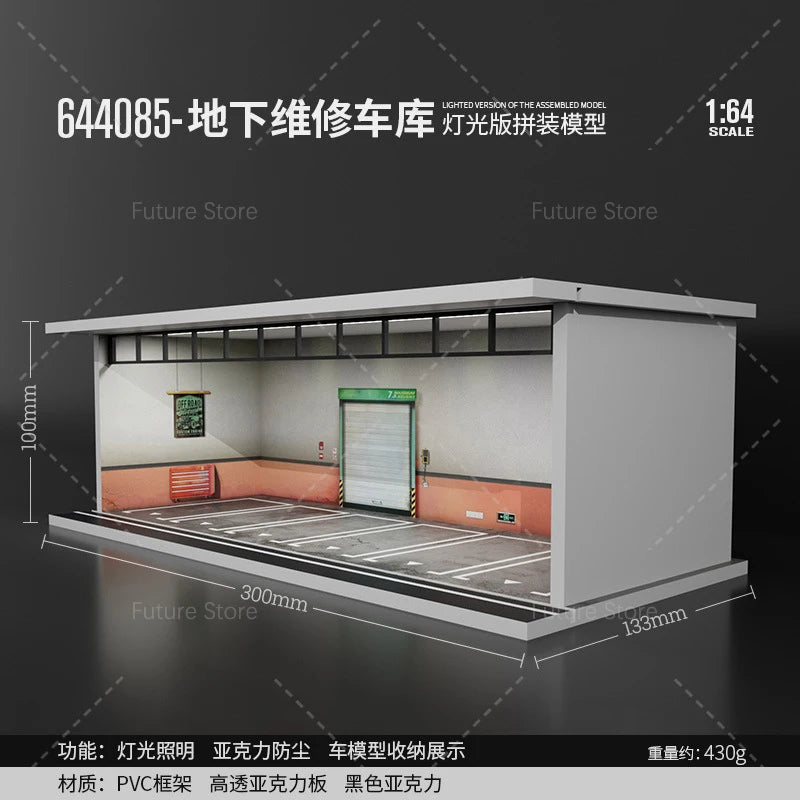1/64 Scale Diorama Car Garage Model LED Lighting Car Parking Display Cabinet Scene Model Toy Collection Gifts