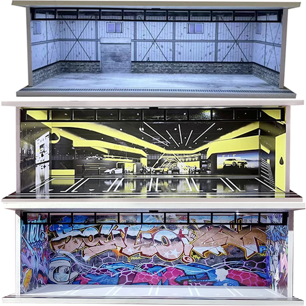 1/64 Scale Car Garage Diorama with USB LED Light Realistic Parking Lot Display Case for Model Cars & Miniature Vehicles