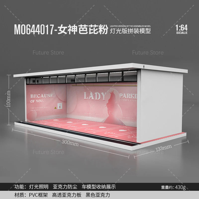 1/64 Scale Diorama Car Garage Model LED Lighting Car Parking Display Cabinet Scene Model Toy Collection Gifts