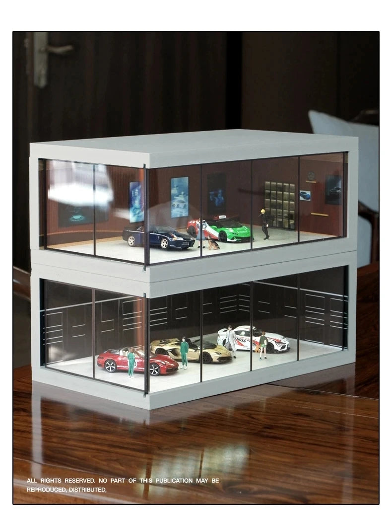 1/64 Simulate Car Showroom Exhibition Hall Garage Dioramas Mini House Display Case with Light Vehicle Toy Dust Cover Decorations