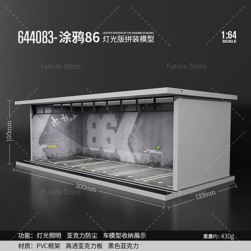 1/64 Scale Diorama Car Garage Model LED Lighting Car Parking Display Cabinet Scene Model Toy Collection Gifts