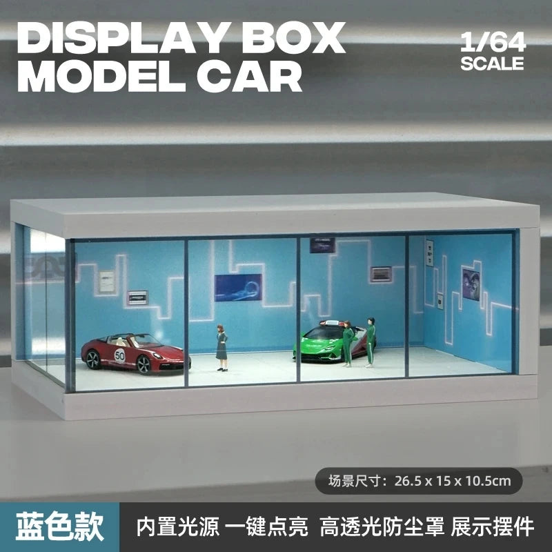 1/64 Simulate Car Showroom Exhibition Hall Garage Dioramas Mini House Display Case with Light Vehicle Toy Dust Cover Decorations