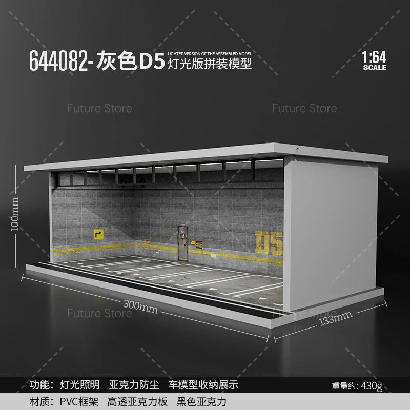 1/64 Scale Diorama Car Garage Model LED Lighting Car Parking Display Cabinet Scene Model Toy Collection Gifts