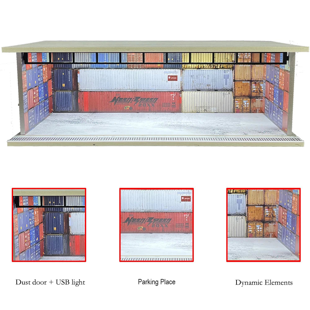 1/64 Scale Car Garage Diorama with USB LED Light Realistic Parking Lot Display Case for Model Cars & Miniature Vehicles